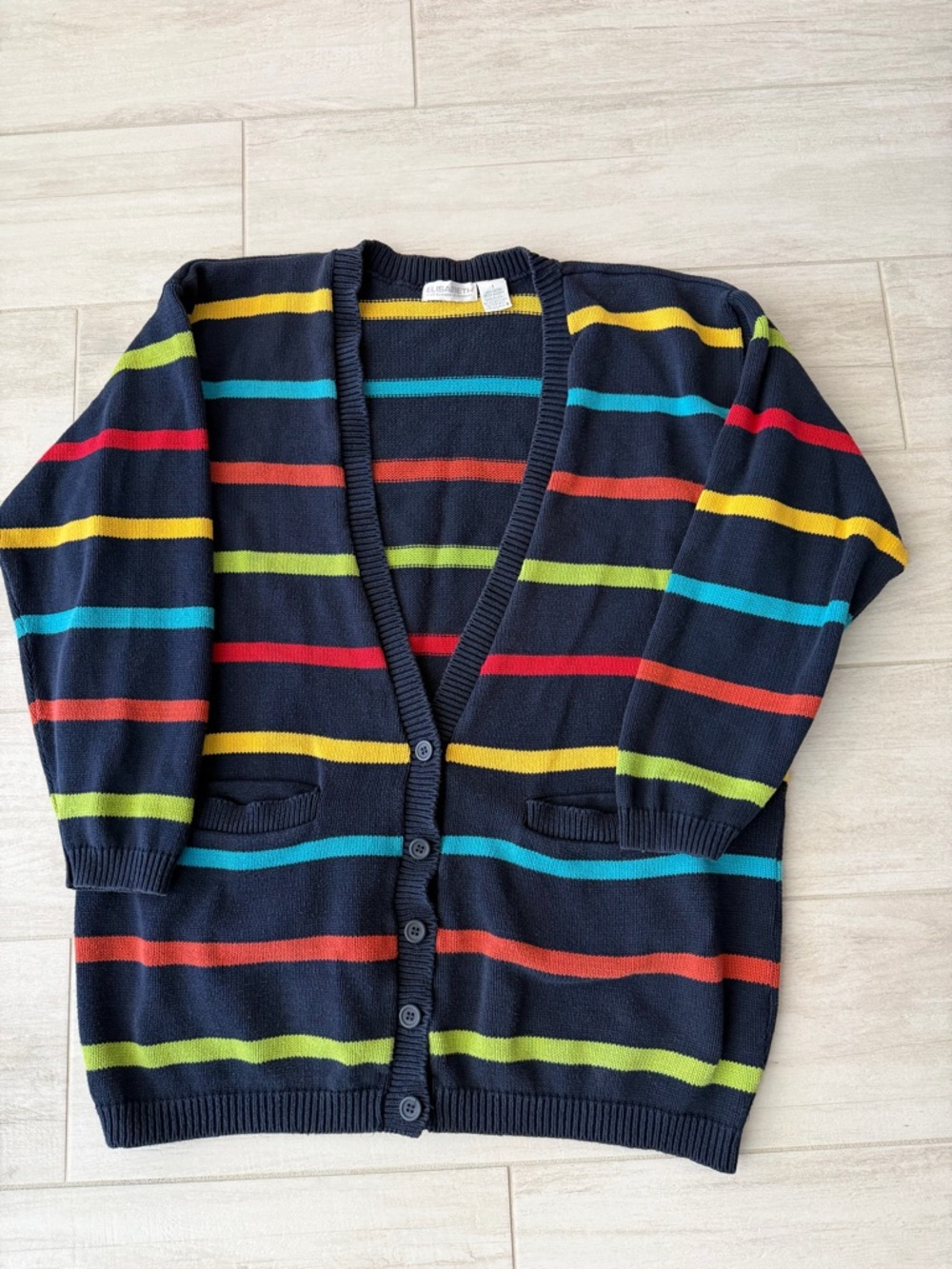 Vintage Liz Claiborne Navy Multicolor Stripe Button-Front Cardigan 100% Cotton